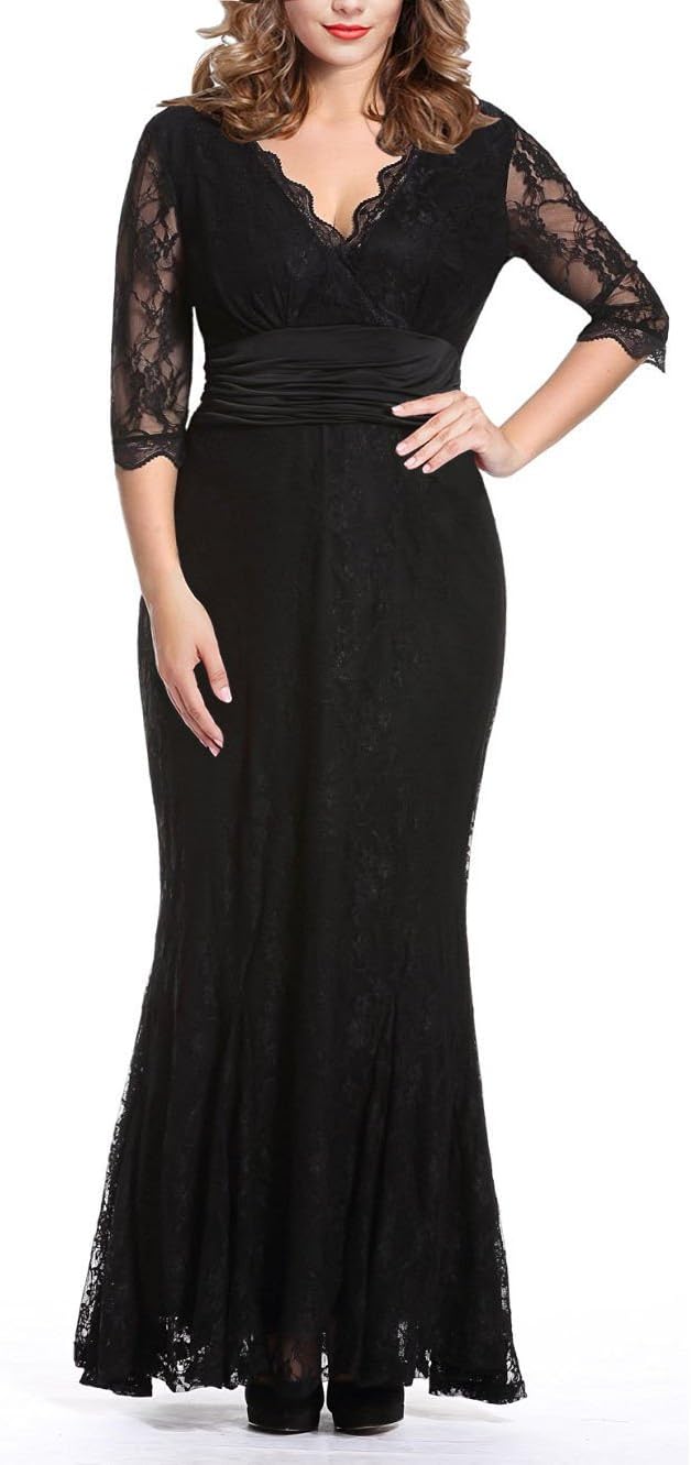 Anfee Women's Floor Length Dresses Plus Size Lace with Sleeves Evening Party