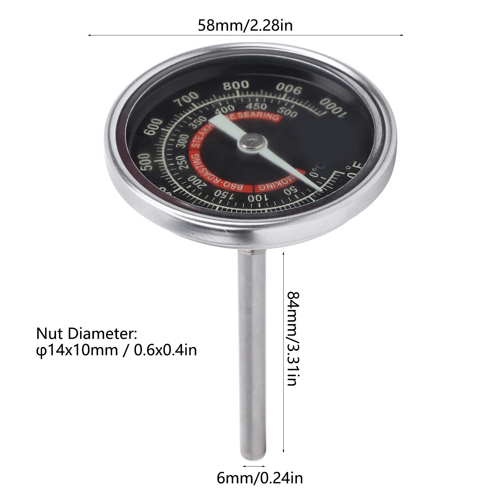 Termómetro para horno, 0‑1000 ℉ Termómetro para parrilla de barbacoa de acero inoxidable para el hogar Indicador de temperatura de cocción, IP55 a prueba de agua y alta precisión