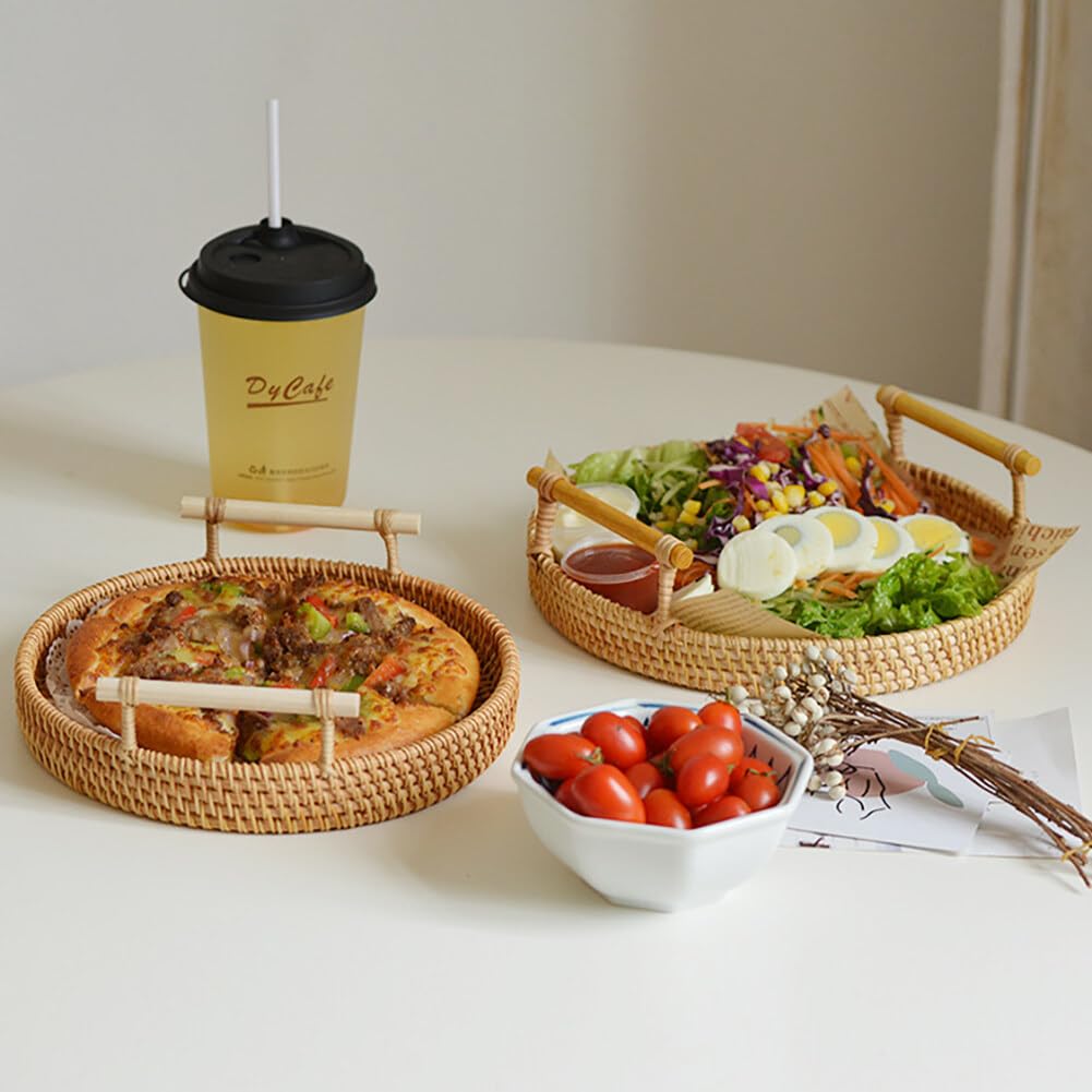 Uposao Cesta redonda de ratán natural, cesta de frutas, cesta de almacenamiento tejida, cesta de pan, cesta redonda de estantería tejida a mano, con asas para armarios de cocina, baño, dormitorio