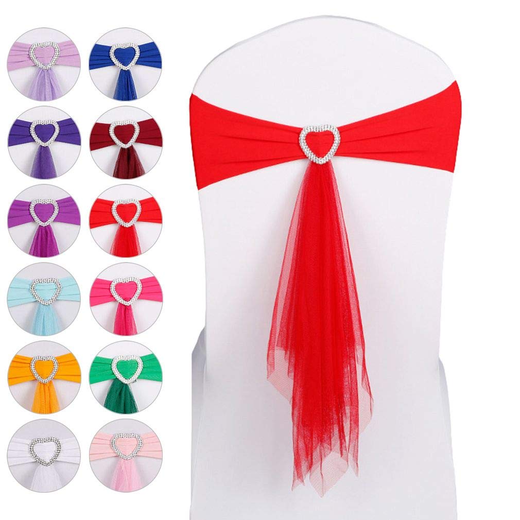 JK Home Spandex Stretch Chair Sashes with Heart Buckle Organza Ribbon, Elastic Chair Bands Bows for Party Banquet Hotel Events Reception Wedding Chair Decor Red 10pcs