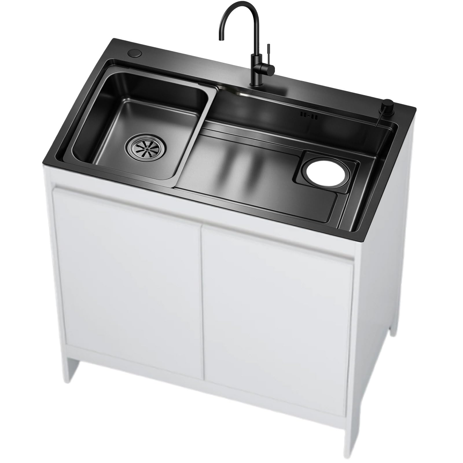 Mueble Fregadero Lavadero, Armario de Aluminio de Nido de Abeja Impermeable con Fregadero de Acero Inoxidable Negro Nano, Lavadero Portante Exterior/Interior con Grifo Cuello de Cisne, Blanco/Gris