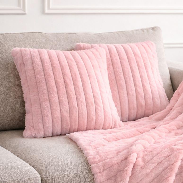 John Aird Set of 2 Ribbed Soft Faux Fur Cushion Cover โ Luxury Plush Decorative Throw Pillow for Sofa, Bed & Living Room (Pink, 45 x 45cm) โ image 1