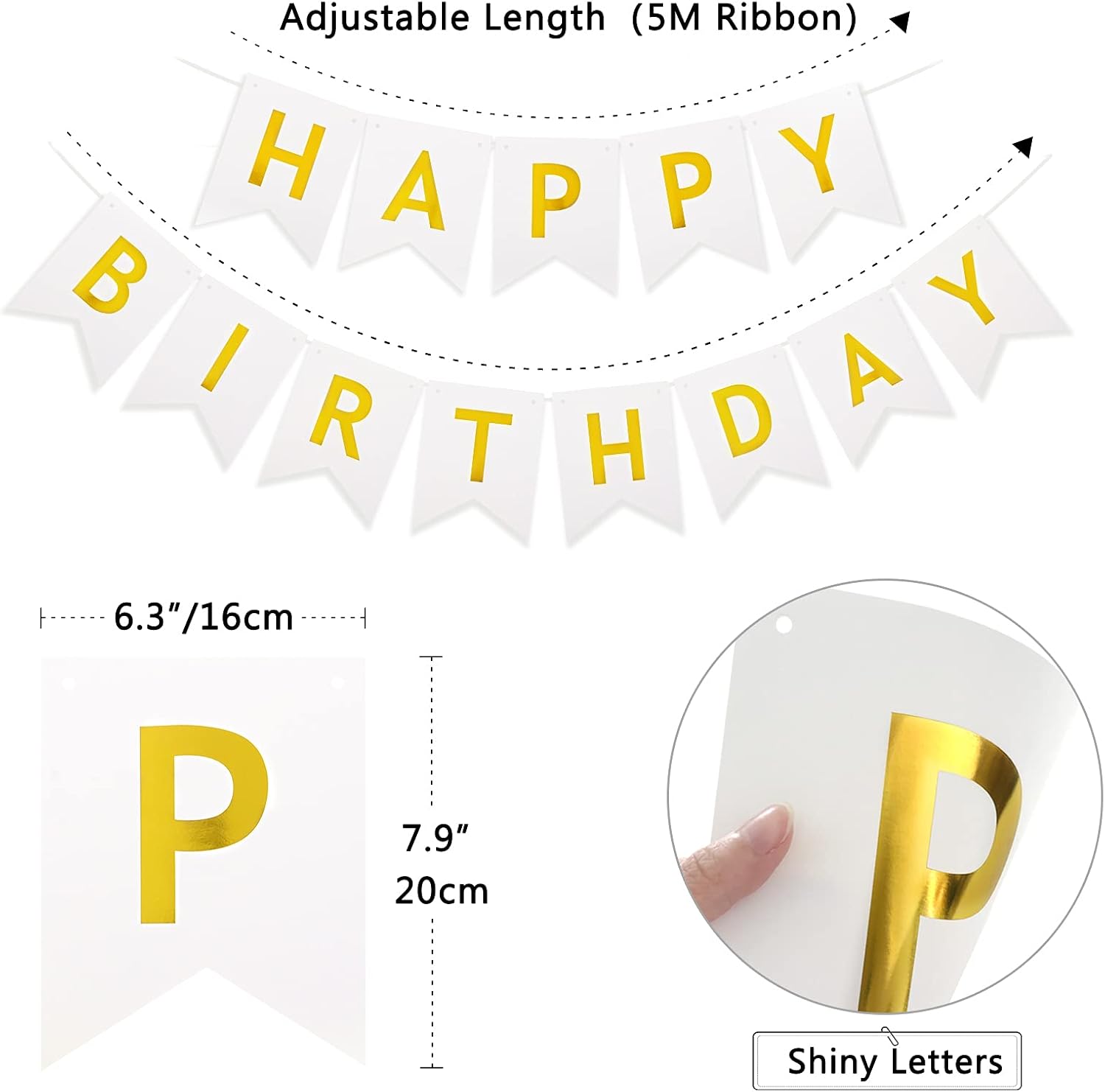 Happy Birthday Banner Bunting White and Gold Balloons Confetti Latex Balloon Party Banners for Women Men Girls Birthday Banner Decorations