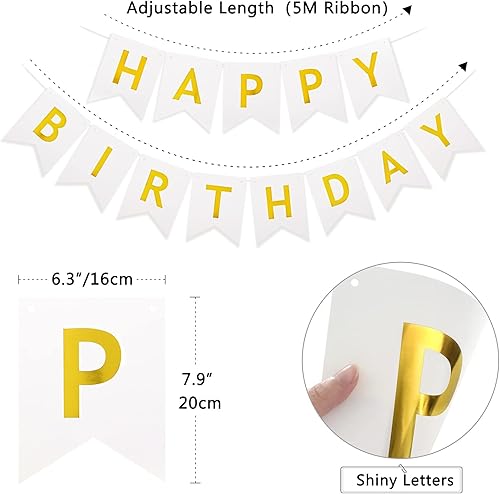 Miniatura 3 de Cartel de feliz cumpleaños, globos blancos y dorados, confeti, globos de látex, pancartas de fiesta para mujeres, hombres y niñas, decoración de