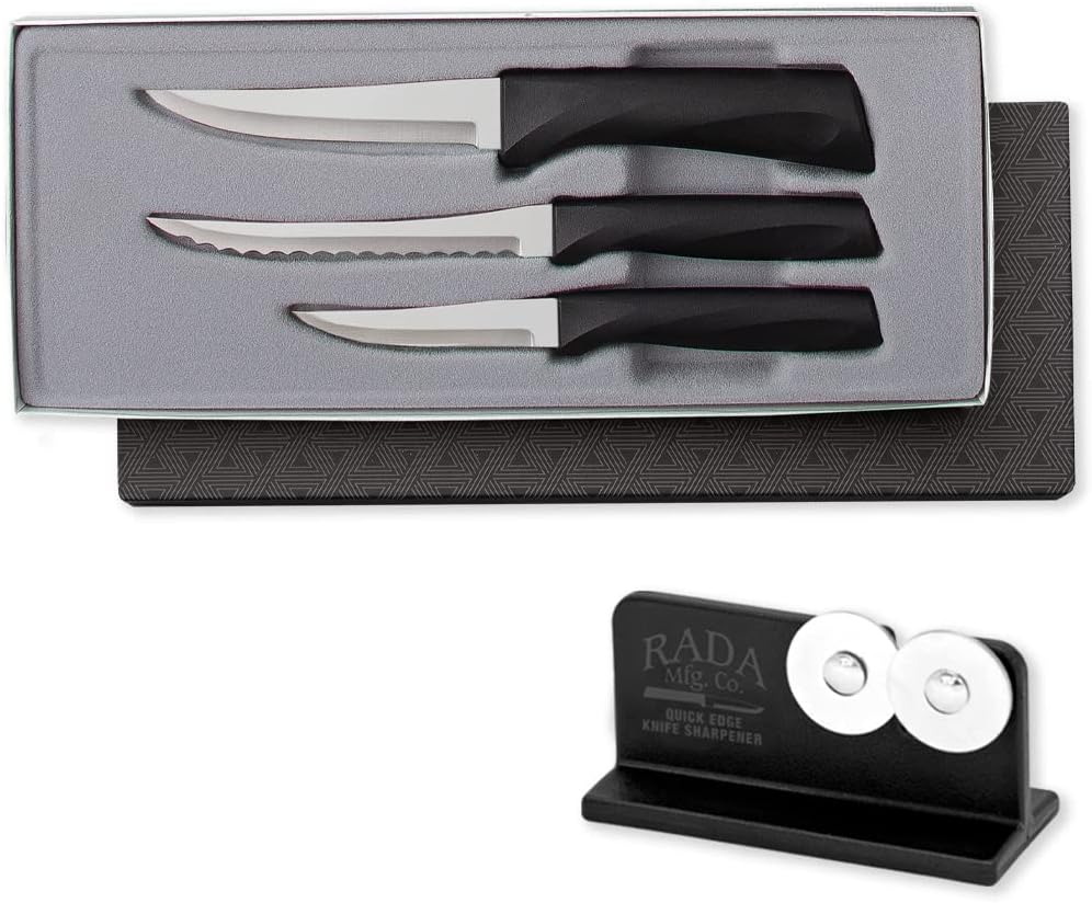 Rada Cutlery 3-Piece Anthem Slice & Pare Knife Gift Set with Quick Edge Sharpener, Black Handles