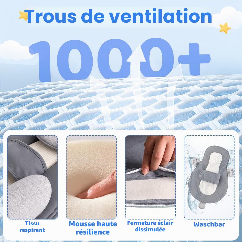 Réducteur de Lit Bébé, 15° Coussin Anti Reflux Bébé Ergonomique avec Coussin en Silicone et Repose-Pied en U, Détachable et Lavable Cale Bébé pour Nouveau-Nés, Réduire Les Régurgitations, Gris