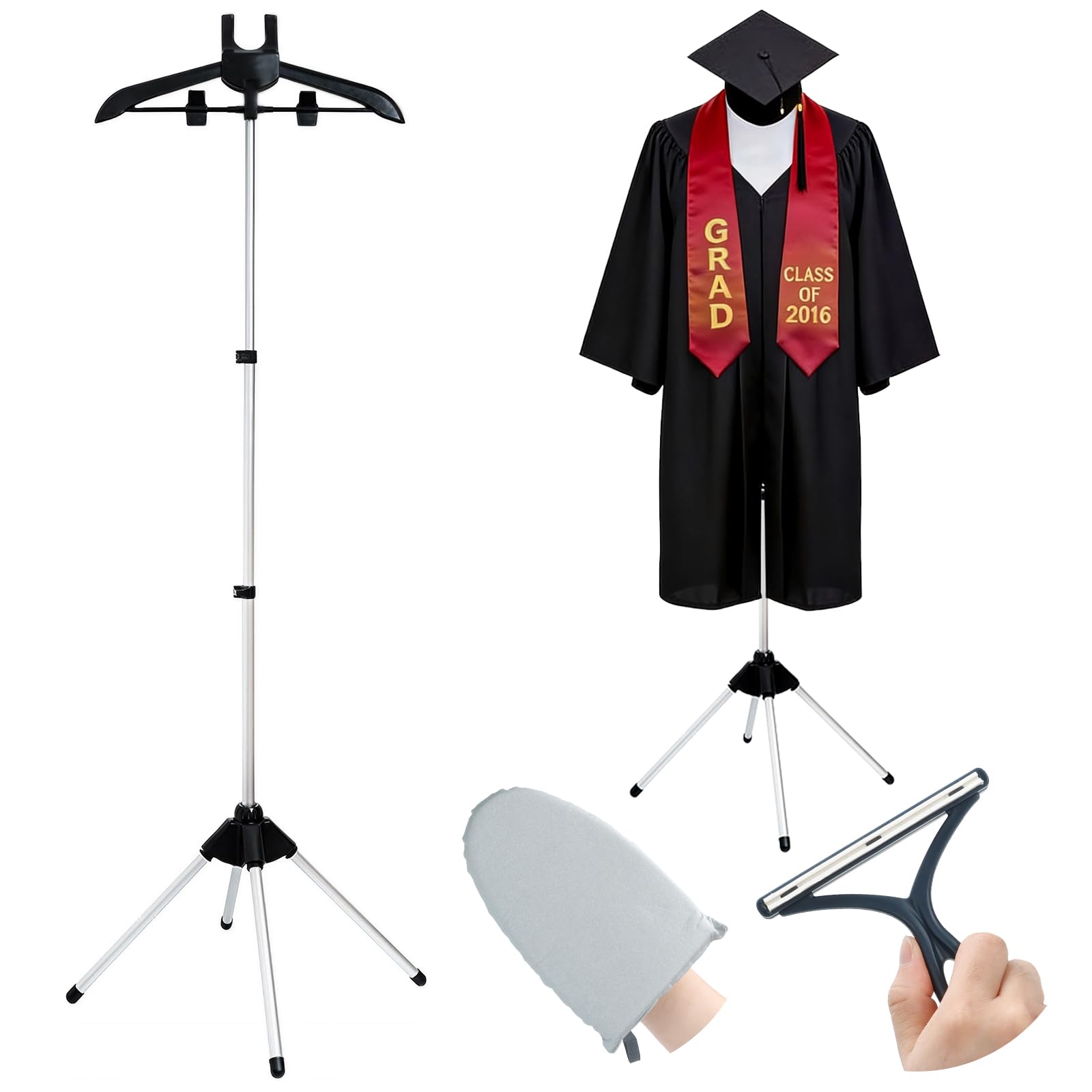Photo 1 of ** FOR PARTS/ STAND IS MISSING ASSEMBLY PIECES*** Garment Steamer Stand for Clothes, 32"-63" Inch Adjustable Portable Clothes Stand, Graduation Gown Display Stand, Steam Iron Stand, Including Ironing Gloves, Clothes Rac, Hair Remover ?LPNO568932866