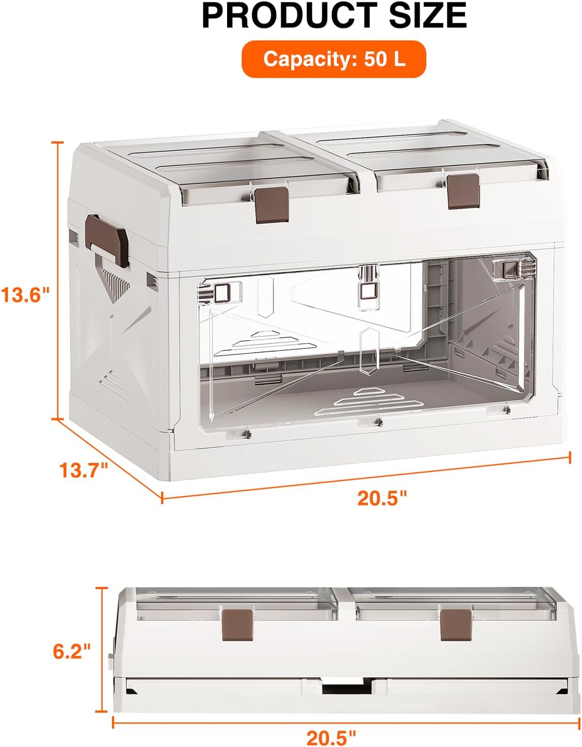 Closet Organizer and Storage Box, Large Essential Collapsible Plastic Car Trunk Container with Clear Lids and Doors, Open Front Multifunctional Stackable Bin for Bedroom, Dorm Room, Craft 50 L