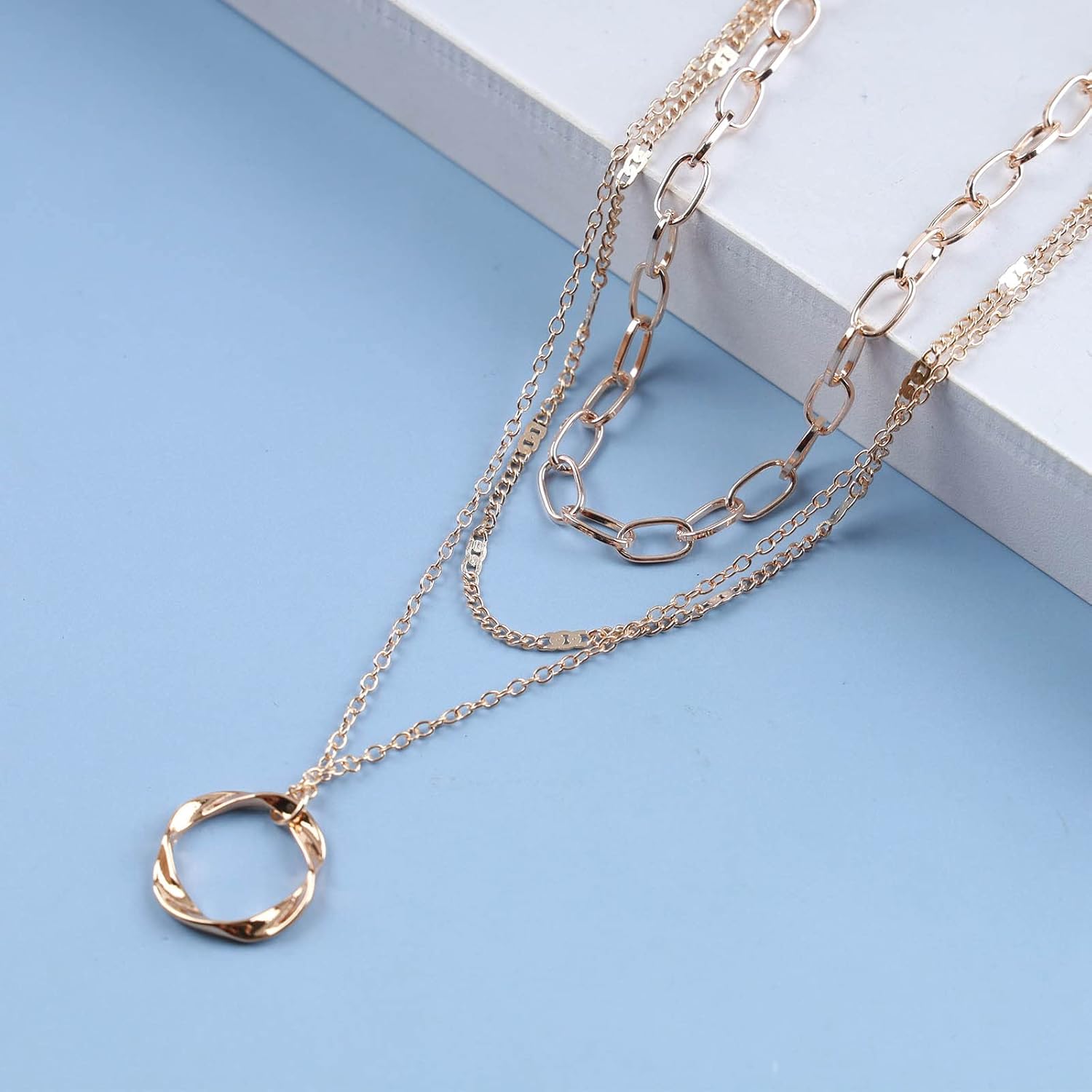 Bohemian Layered Circle Pendant Necklace Gold Paperclip Link Chain Necklace Geometric Hollow Circle Choker Necklace Multi Layered Cutout Hoop Necklace Jewelry for Women - Image 4