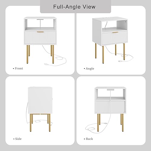 Miniatura 9 de Mesita de noche con estación de carga, mesa auxiliar pequeña, mesita de noche moderna con cajones, mesita de noche para dormitorio, mesa auxiliar de