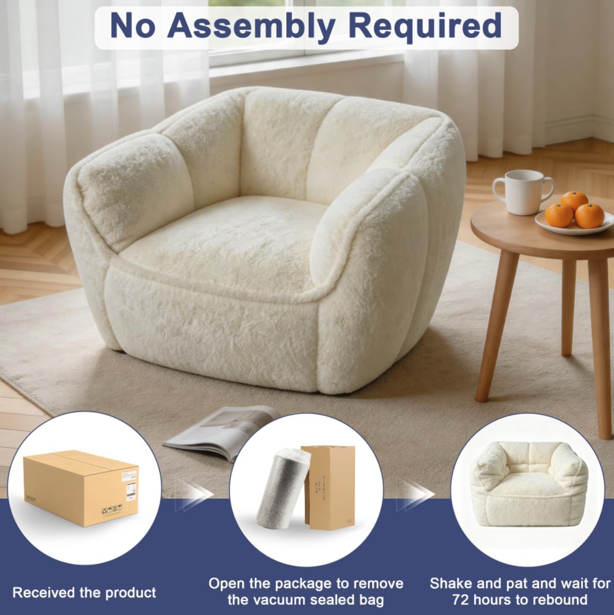 44.29" Single Bean Bag Couch, Oversized Beanbag Chairs for Adults, Comfy Plush Boneless Sofa, Floor Cloud Couches for Living Room, Bedroom, Lounge, Small Spaces, Beige Faux Fur