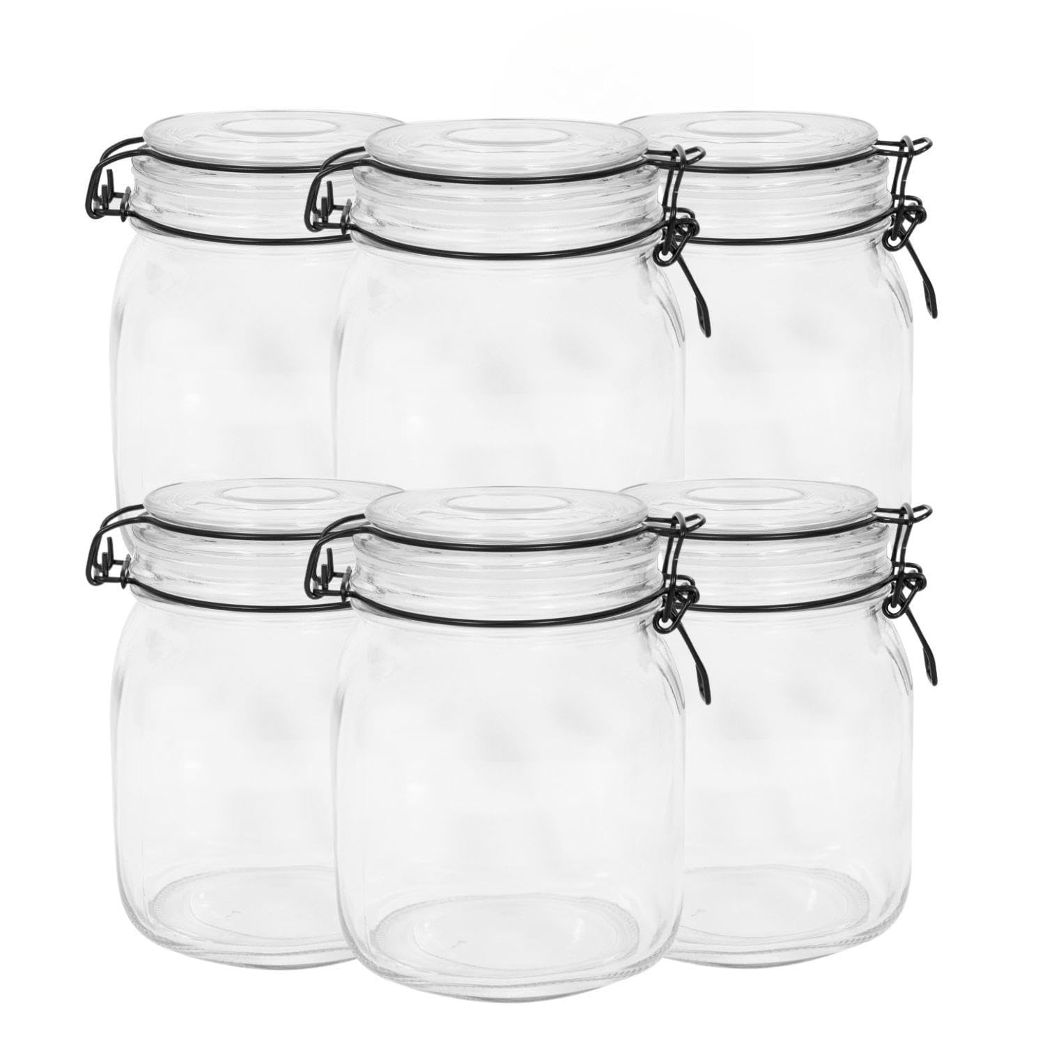 Yöl Black Glass Storage Jars With Lids 1L - Set Of 6 | Clip Top Airtight Glass Storage | Perfect For Coffee, Tea, Pasta, Cereal, Biscuits & Dry Food | Clear Kitchen Organiser | Preserving & Spice Containers