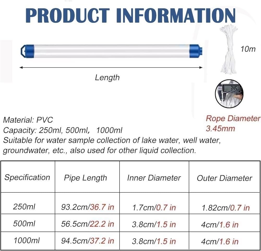 Ultra Light PVC Liquid Sampler with Adjustable Valve, 0.25L/0.5L/1 L Water Sample Collection Tube, Water Sampling Tube with Gravity Water Stopper Ball(Blue(1000ml),4 Pieces)