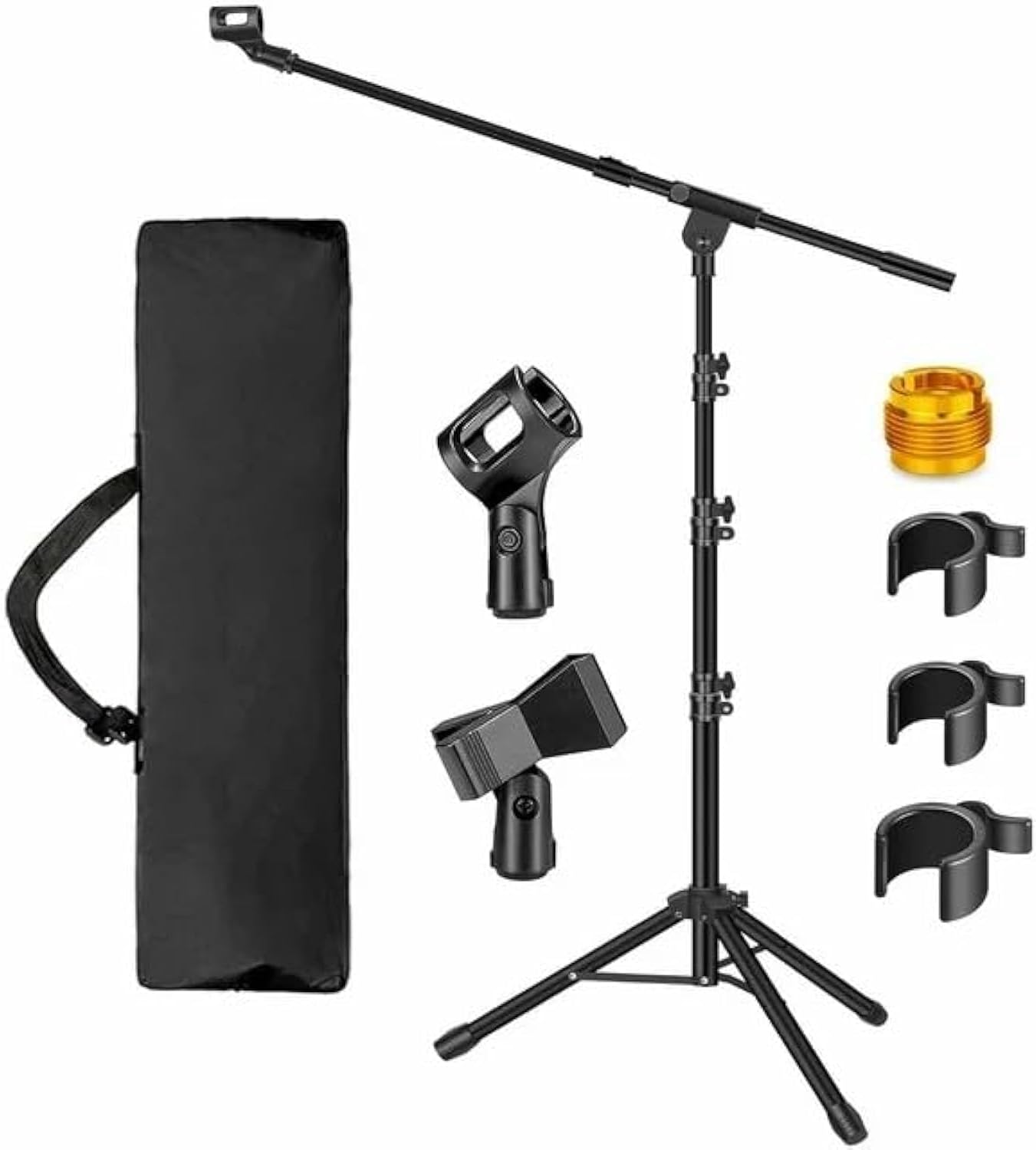 Upgraded Microphone Stand Tripod Boom Arm Floor Mic Stand with Carrying Bag 2 Mic Clips & 1 Screw Adapter Mic Mount for Singing Podcast Blue Yeti Shure SM58 SM48 Samson Q2U CY0239