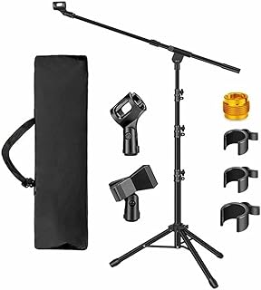 Upgraded Microphone Stand Tripod Boom Arm Floor Mic Stand with Carrying Bag 2 Mic Clips & 1 Screw Adapter Mic Mount for Singing Podcast Blue Yeti Shure SM58 SM48 Samson Q2U CY0239