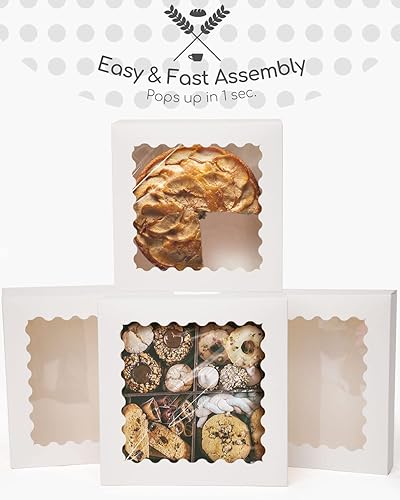 Miniatura 3 de qiqee Cajas de pastel blancas con ventana de 10 x 10 x 2.5 pulgadas, 30 paquetes de galletas y donas