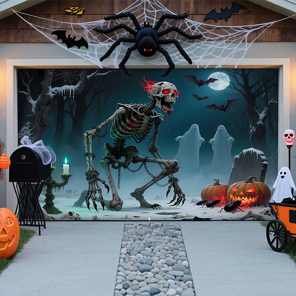 ZFFLYH Halloween Garage Door Decorations Halloween Hanging Banner Backdrop Horror Wall Decor Party Photo Backgrounds for Outdoor Window Yard,Skeleton,13 * 6FT