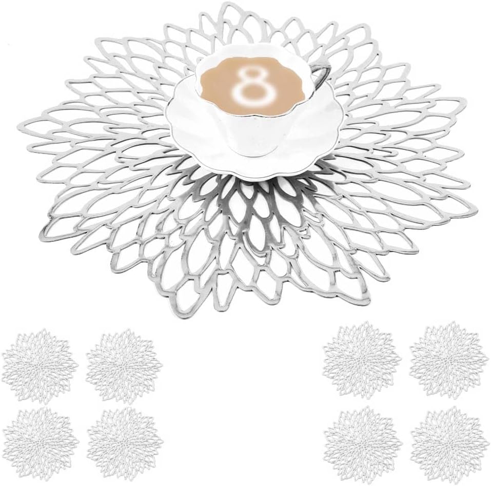 Mangata Silver Placemats and Coaster Sets of 8, Round Table Placemats for Christmas, Wedding, Dinner Parties, Restaurant, Hotel, 38cm, 15.5inches