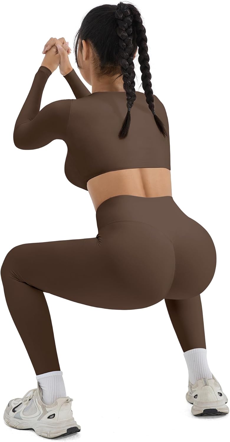 SUUKSESS Women 2 Piece Workout Sets Compression Tummy Control Leggings with Pockets Long Sleeve Square Neck Padded Crop Tops - Image 3