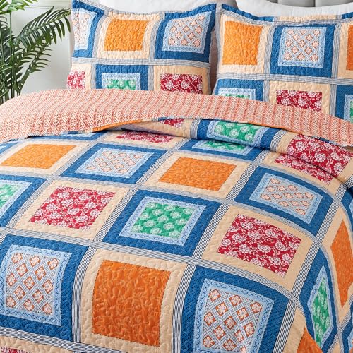 NEWLAKE Quilt Bedspread Sets - Bohemian Farmhouse Pattern Reversible Coverlet Set, Queen Size