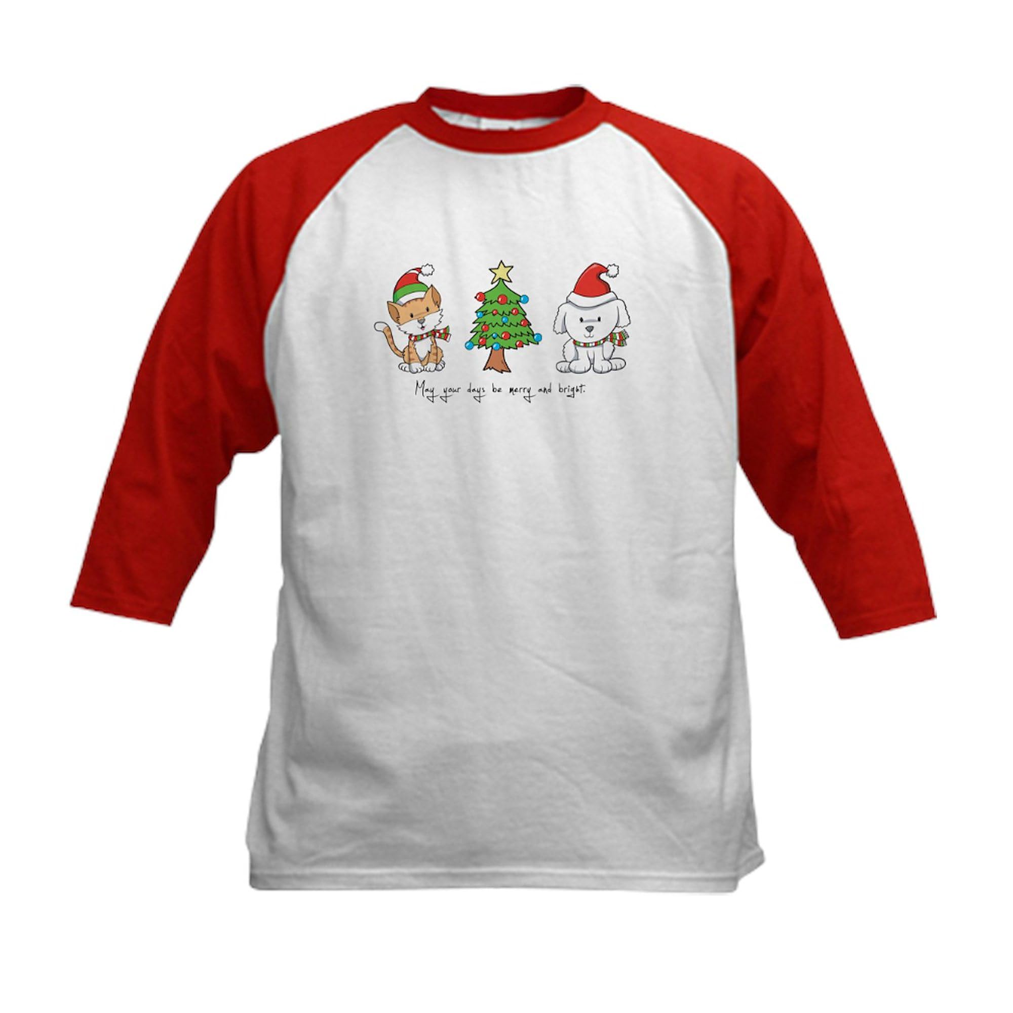 CafePress Cat and Dog Christmas Kids Baseball Jersey Kids Cotton Baseball Jersey, 3/4 Raglan Sleeve Shirt Red/White