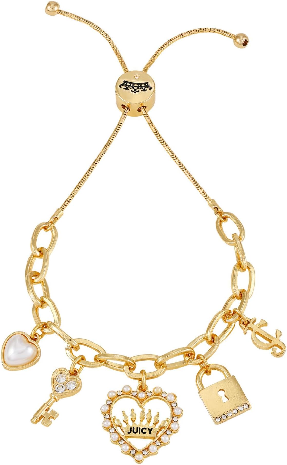 Goldtone Adjustable Charm Slider Bracelet, Adjustable, Metal, glass stone