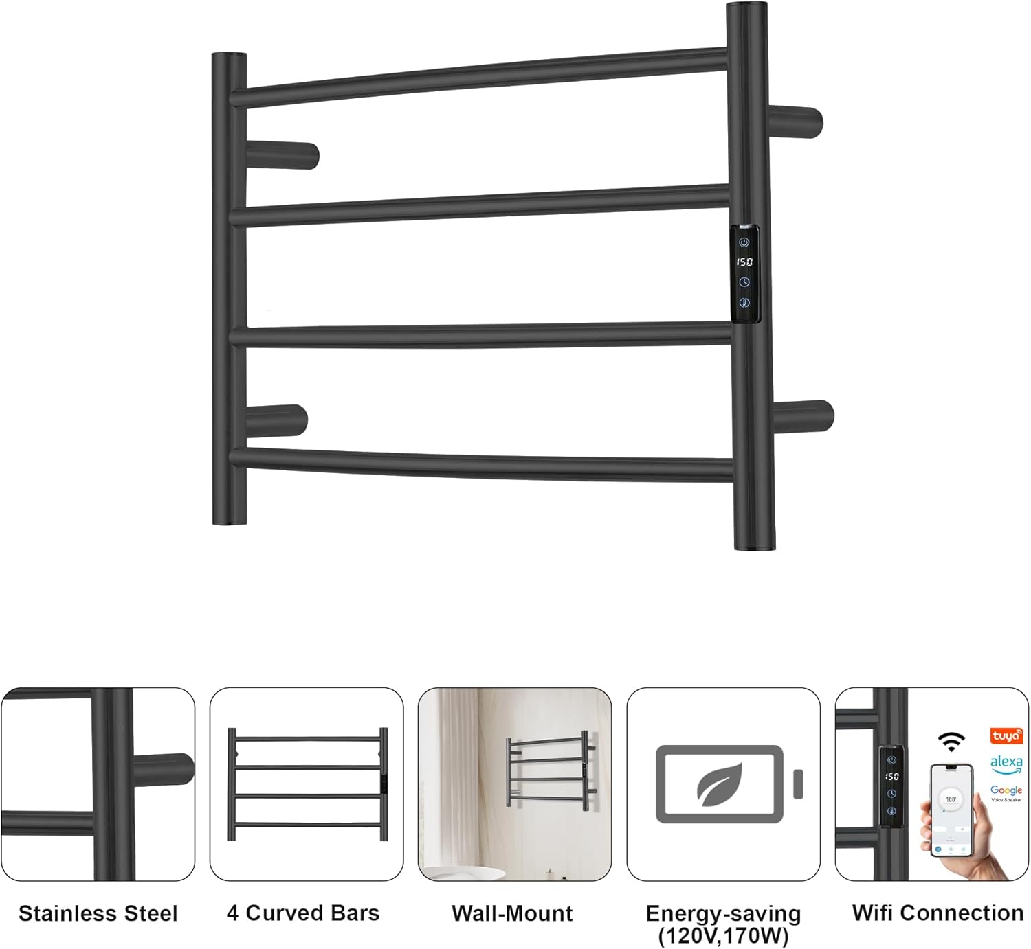 Electric Towel Rack with Voice Control for Alexa & Google Home,TUYA - Wall-Mounted Bathroom Heating Towel Warmer,Plug-in,Stainless Steel Material,16.54x23.62x5.51 in,Black,4 Bars