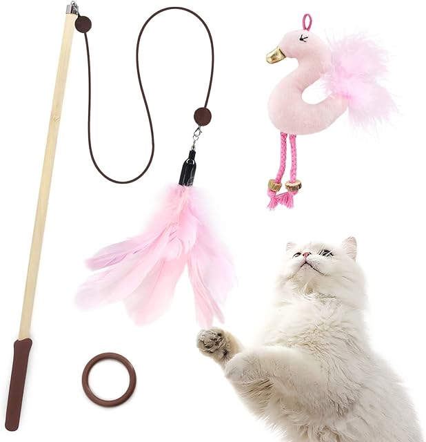 SONGWAY Cat Wand Toy Set - Cat Feather Teaser Toy with Silvervine, Interactive Cat Toy, Cat Fishing Rod with 2 Replacement Refills and Elastic Rope, Flamingo Plush Toy for Indoor Cats, Pink