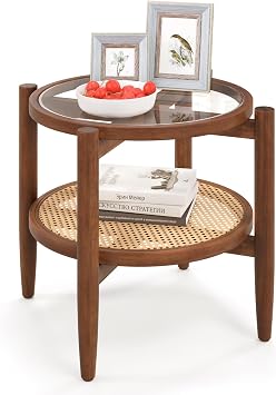 GOFLAME Round End Table, 2-Tier Sofa Side Table with Tempered Glass Tabletop & PE Rattan Storage Shelf, Accent Bedside Table, Nightstand with Wood Legs for Living Room, Bedroom, Small Space