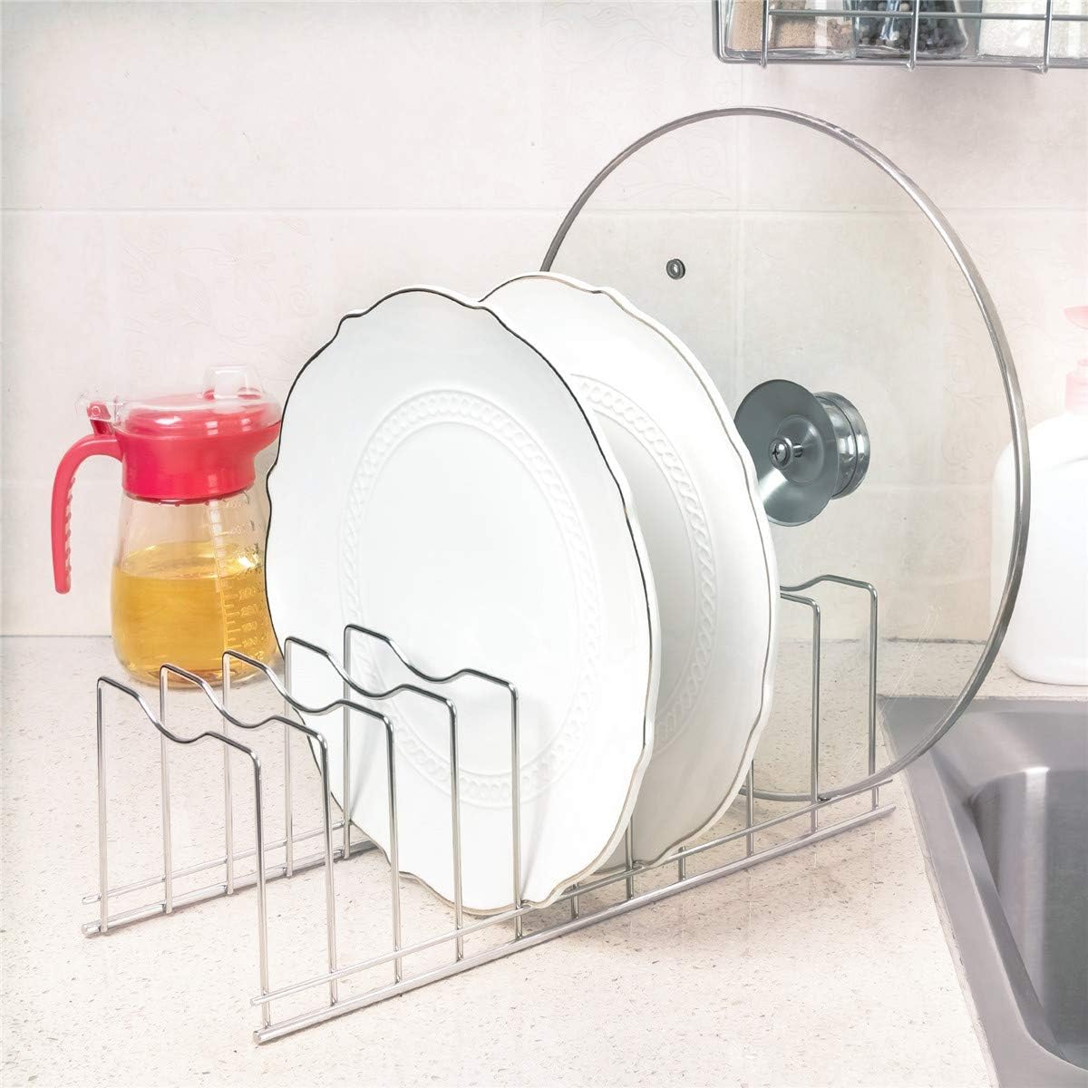 SANNO Pan Pot Lid Holder, Pot Rack Organizer Kitchen Pot Sheet Lid Rack Holder, Bakeware Dish Plate Rack Cabinet Organization