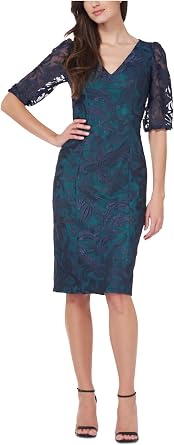 JS Collections Womens Embroidered Floral Print Sheath Dress Navy 2
