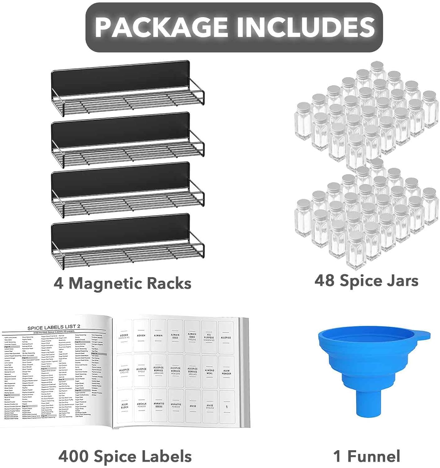 SpaceAid 4 Pack Magnetic Spice Rack with 48 Spice Jars, 400 Spice Labels and Funnel, Space Saving Refrigerator Fridge Oven Shelf Organizer