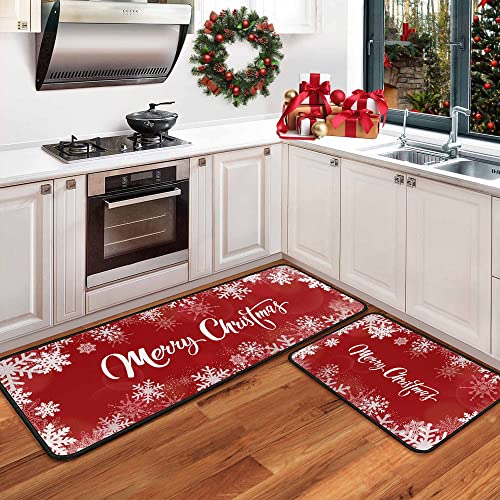 Christmas Kitchen Rugs Set of 2 Kitchen Floor Mats Non-Slip Backing Kitchen Mat Xmas Decorative Washable Doormat Runner Rug Merry Christmas Decorations for Home