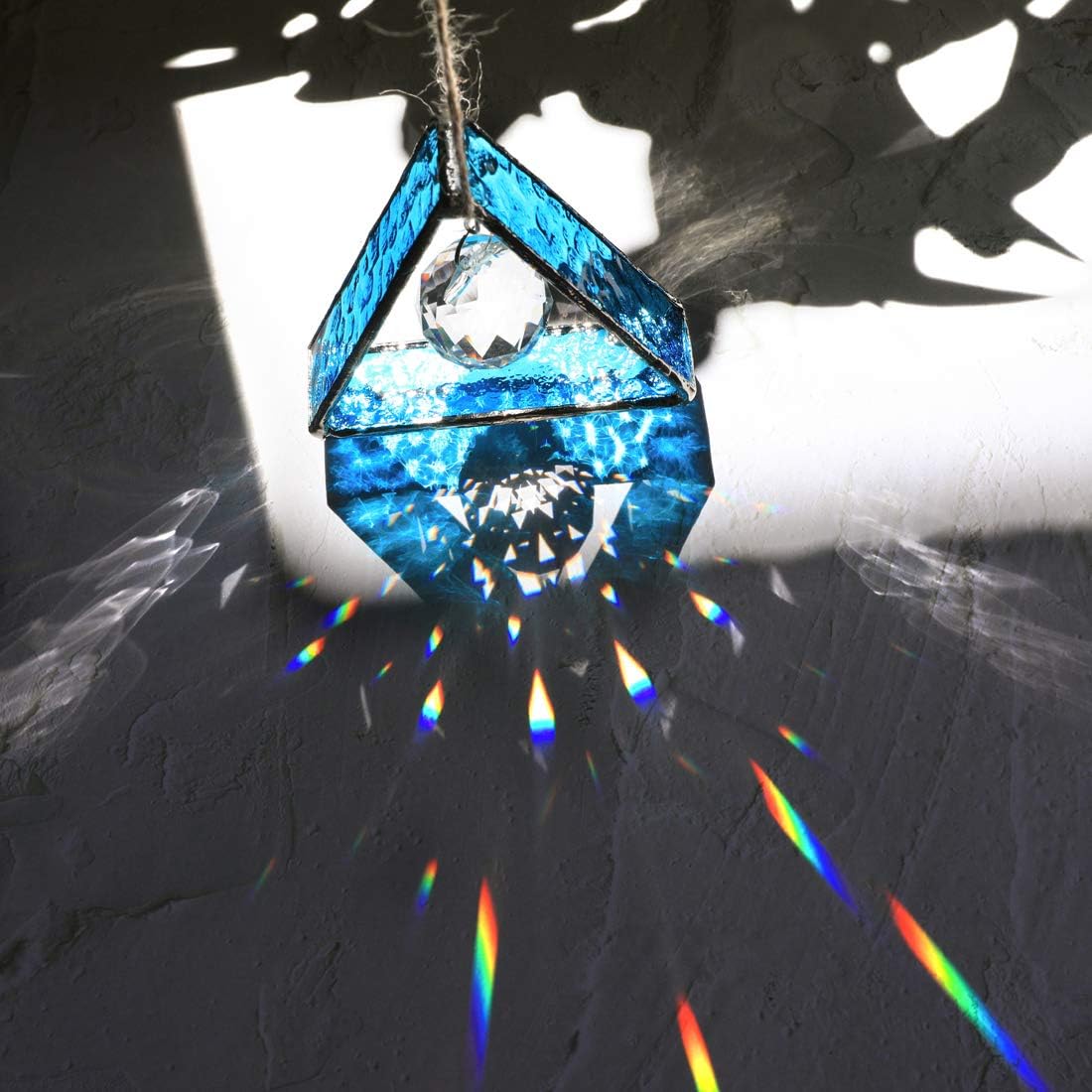 H&D HYALINE & DORA Stained Glass Window Sun Catcher Hangings Pyramid Colored Glass Hanging Ornament for Wall, Window，Car and Party Decoration,Blue
