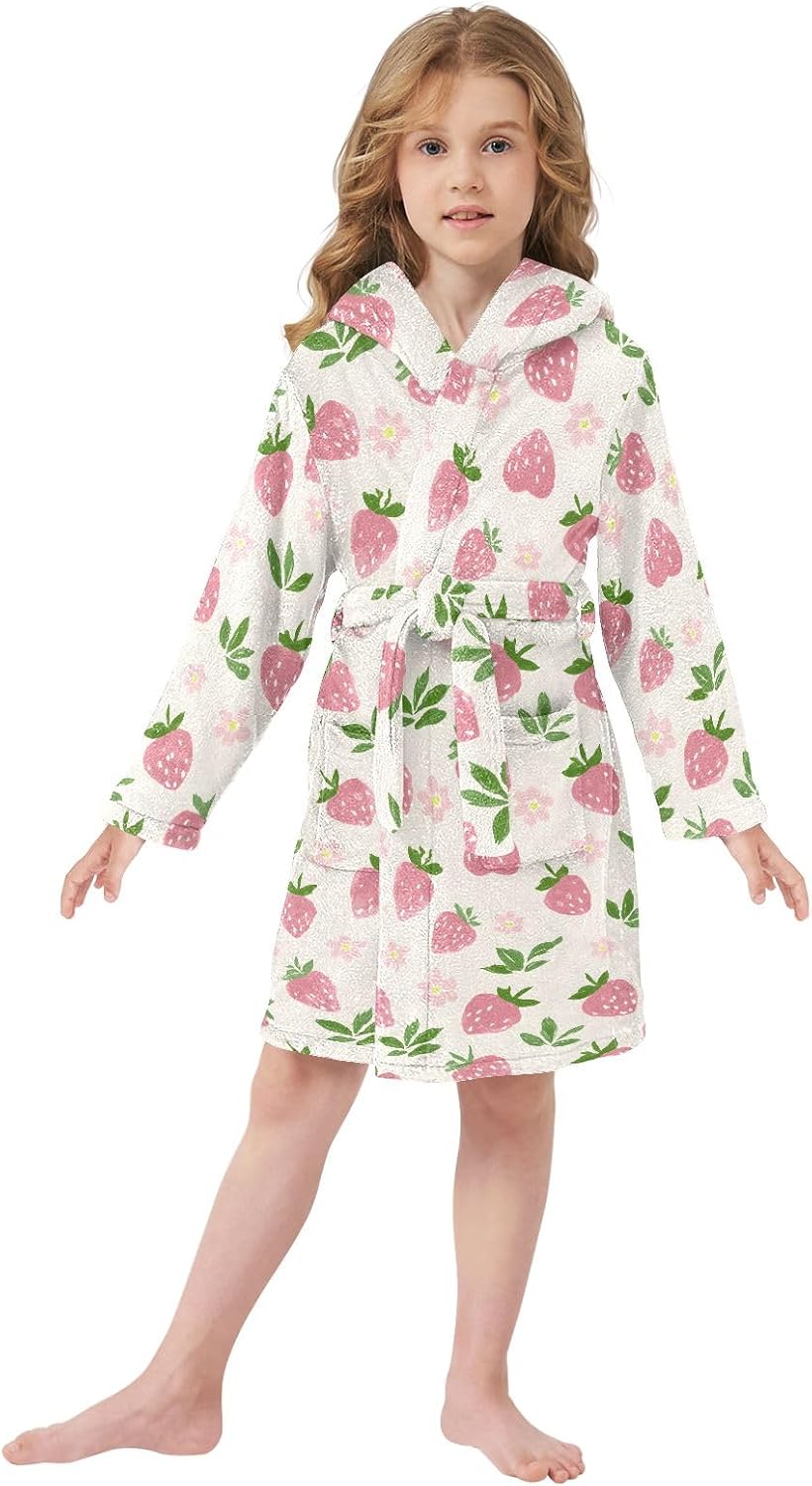 Pink Strawberry Flowers Pattern Toddler Hooded Bathrobe for Boys Girls Soft Plush Bath Towel Robe 2-12 Years