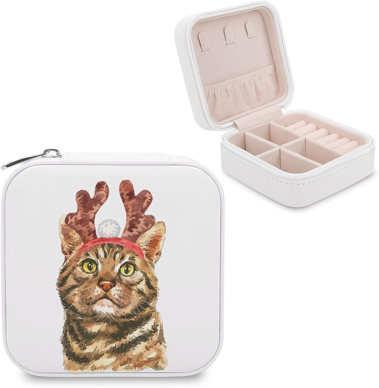 Christmas Cat with Antlers Small Jewelry Box Christmas Antlers Cat Pet Travel Small Organizer Portable Display Storage Case for Rings Earrings Necklace Xmas Gifts for Girls Women
