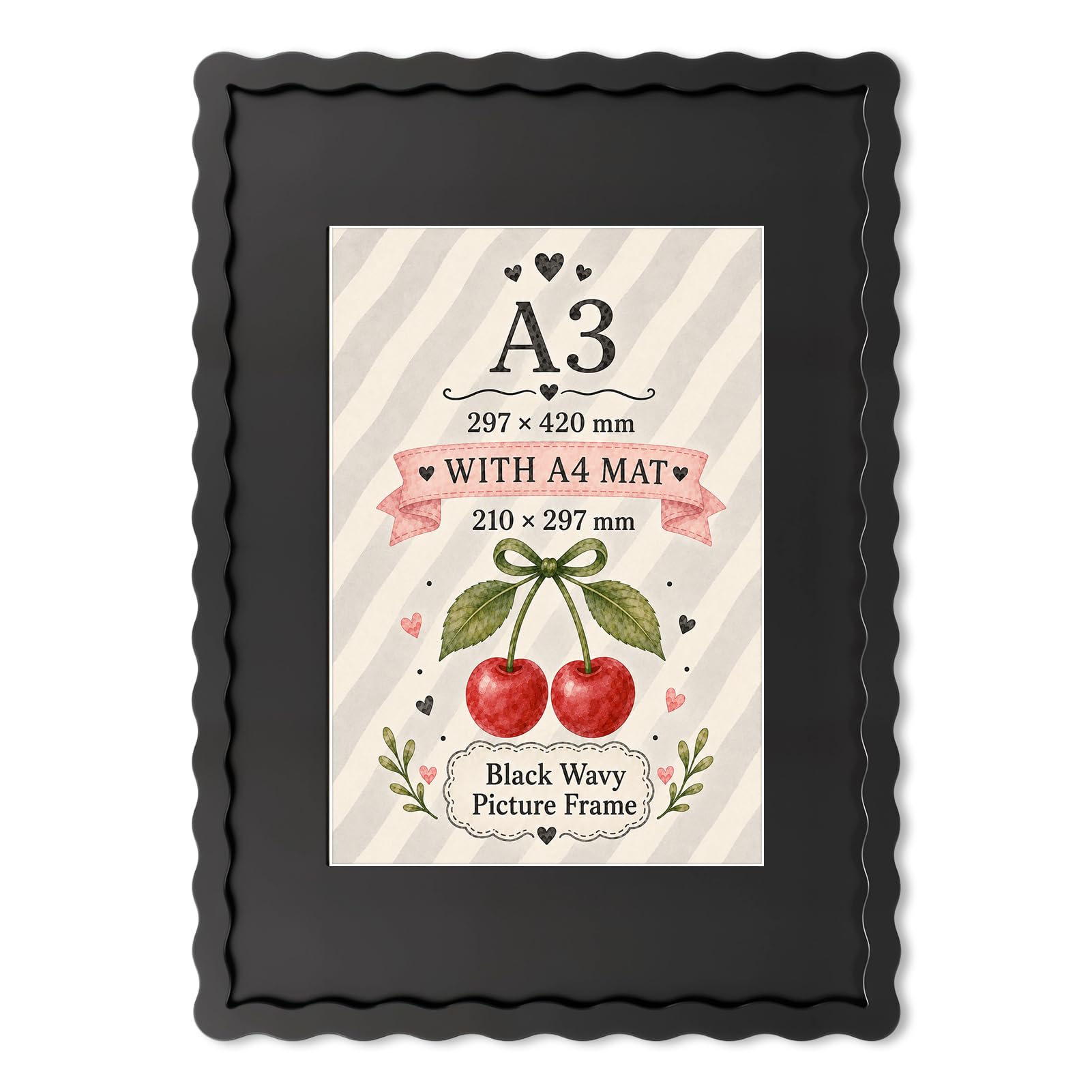 Wavy Edge MDF Picture Frame A3 Size with A4 Mat,Wall Mount Display,Black