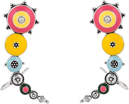Voylla Folklore Multicolored Enamelled Silver Oxidised Cuff Earrings For Women Boho Ethnic Statement Earrings Everyday Fes...