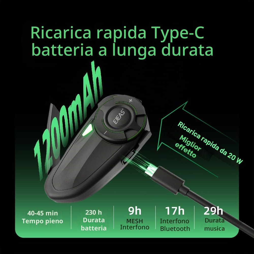 Q8 Moto Casco Bluetooth Intercom Headset, aggiornato Mesh 3.0 + 5G sistema interfono di gruppo con la condivisione di musica e IP67 impermeabile per 6 piloti gruppo di conversazione (1 Pezzo)