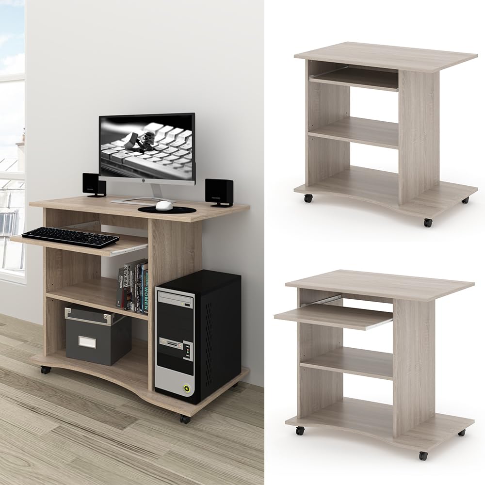 Vicco Bureau Harm, Sonoma, 80x50cm | avec roulettes et plateau clavier coulissant, installation peu encombrante