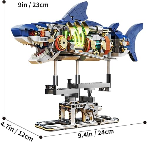 Miniatura 8 de Juego de construcción de criaturas marinas de tiburón, juguetes de bloques de construcción de animales marinos con soporte de exhibición y luz,