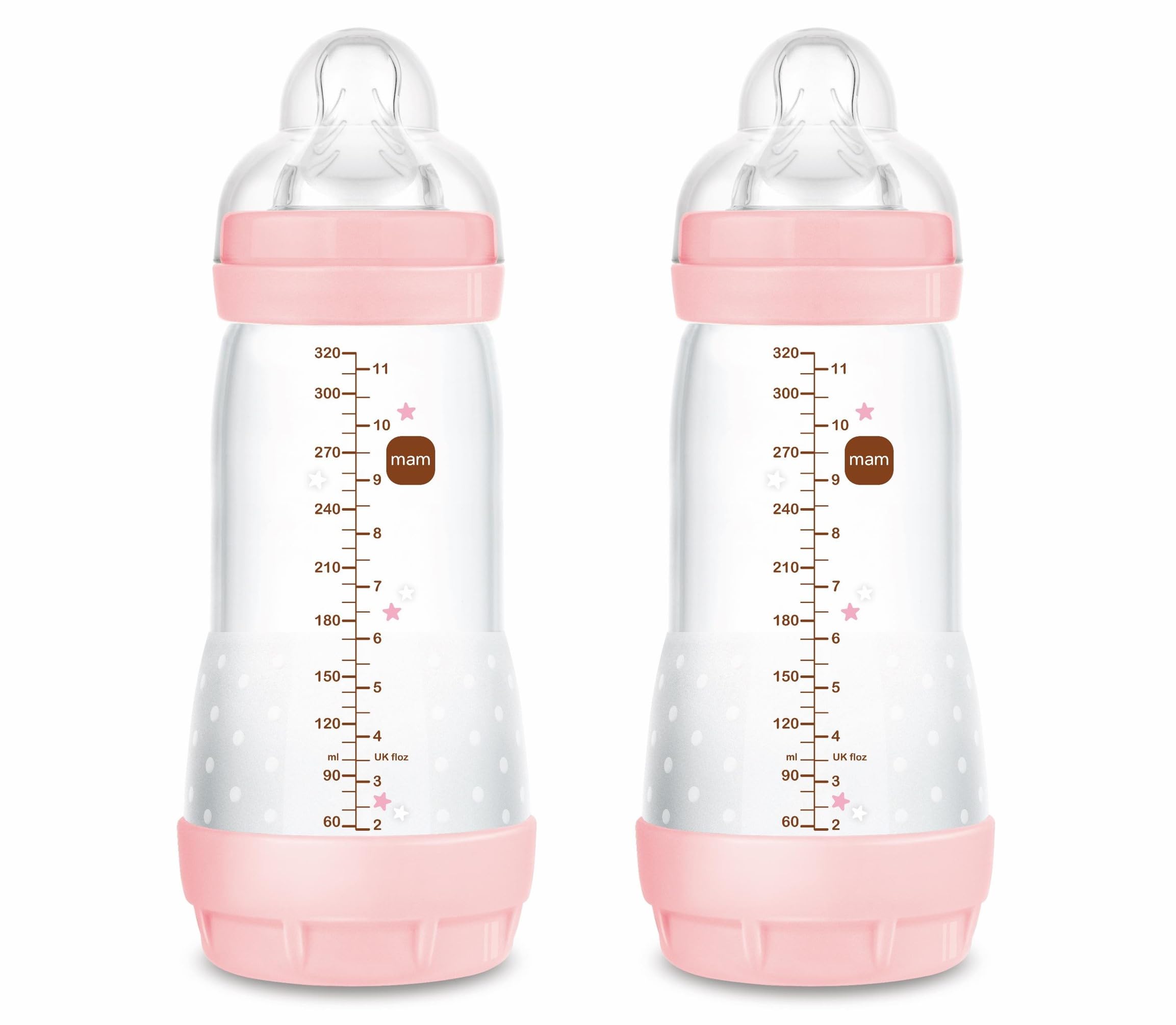 MAM Pack 2 Biberones Anticólicos, a partir de 4 Meses, 320ml, con Tetina 3 Flujo Rápido de Fácil Aceptación, Autoesterilizable y Fácil de Limpiar, MAM Easy Start Anti-Colic, Rosa Brillante, Pack 2uds