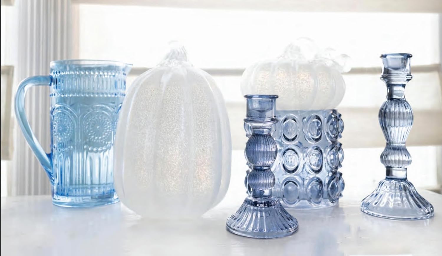 Boston International Vintage-Inspired Glass Pitcher with Embossed Floral Pattern, 4.5" x 7.75", Sky Blue Codi - Image 2