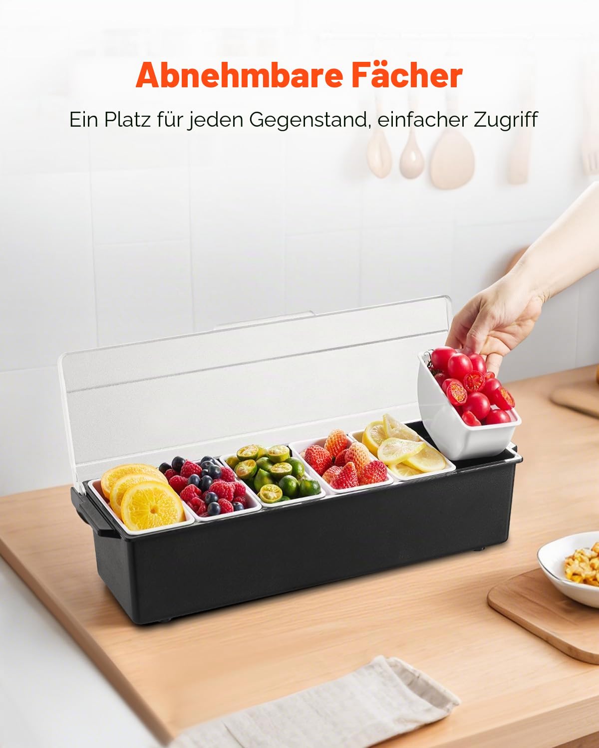 VEVOR gekühlter Gewürzbehälter Zutatenbehälter mit 6 Fächern (500 ml x 6) Präsentationsständer mit Deckel Pizzastation Pizza Belagstation Obstschachtel Servieren von Tacos Salat Obst