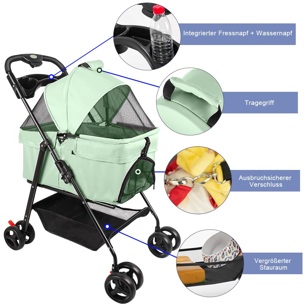 OHMG Faltbarer Buggy für Tiere, faltbar, für Hunde und Katzen, Getränkehalter, Aufbewahrungskorb, inklusive Rollen mit Bremse, 600D Oxford-Stoff, mit abnehmbarer Babywanne, faltbare Transportbox