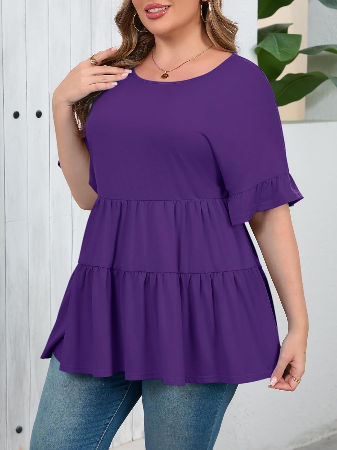 Beautife Womens Plus Size Babydoll Tops Ruffle Short Sleeve Peplum Flowy Shirts Summer Casual Loose Fit Tunic Blouses - Image 3