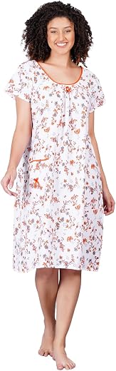Breezly Woman's Short Sleeve Calf Length Pure Cotton Nighty Nightdress Orange