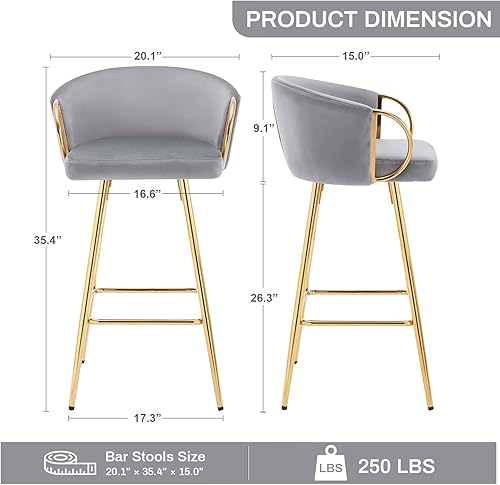 Miniatura 2 de Juego de 2 taburetes de bar de 30 pulgadas, taburetes de bar de altura de mostrador con respaldo tapizado de terciopelo con patas doradas, taburete