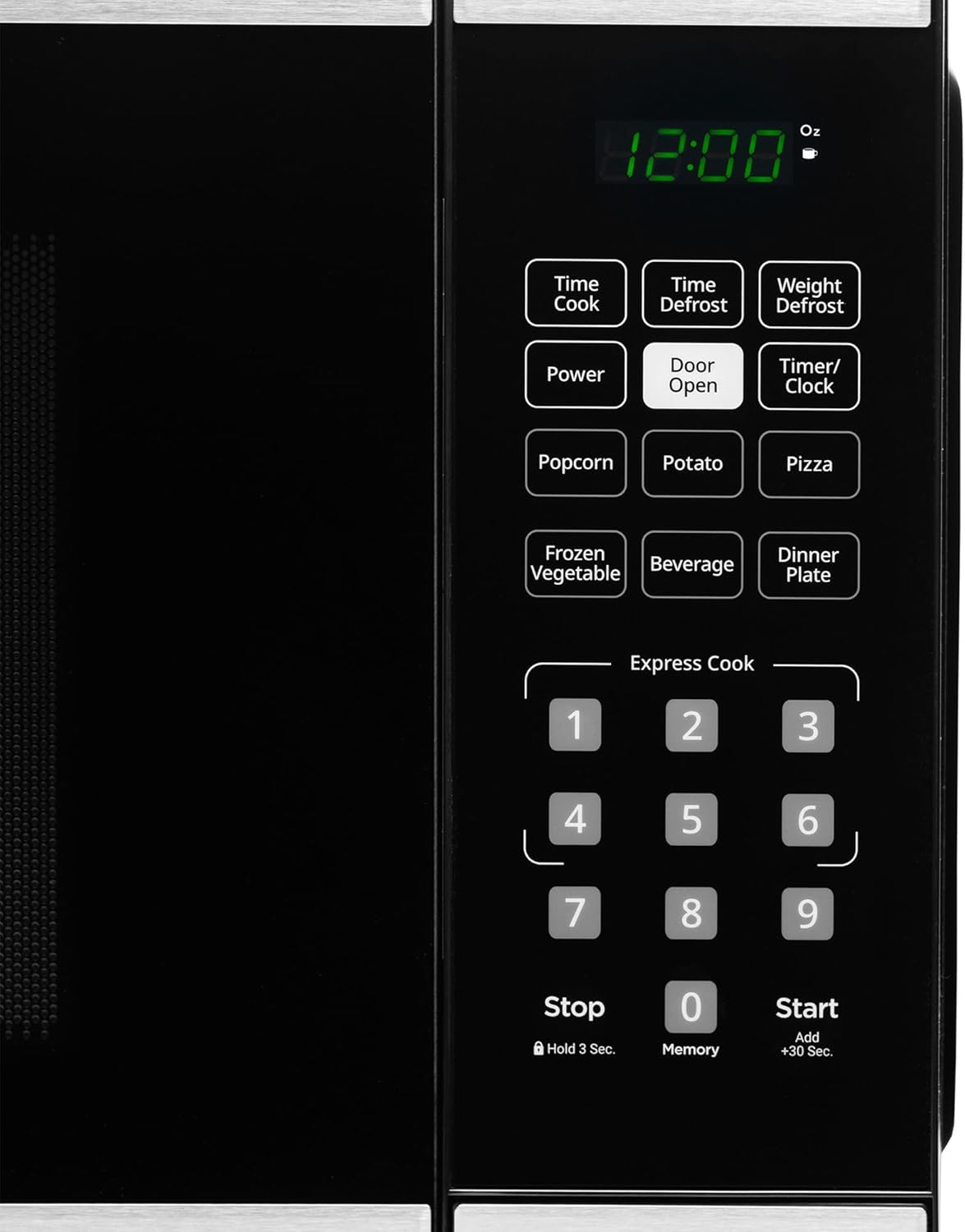 Close-up of the Danby DBMW1126BBS microwave control panel with buttons for time cook, power, auto cook options, and express cook.