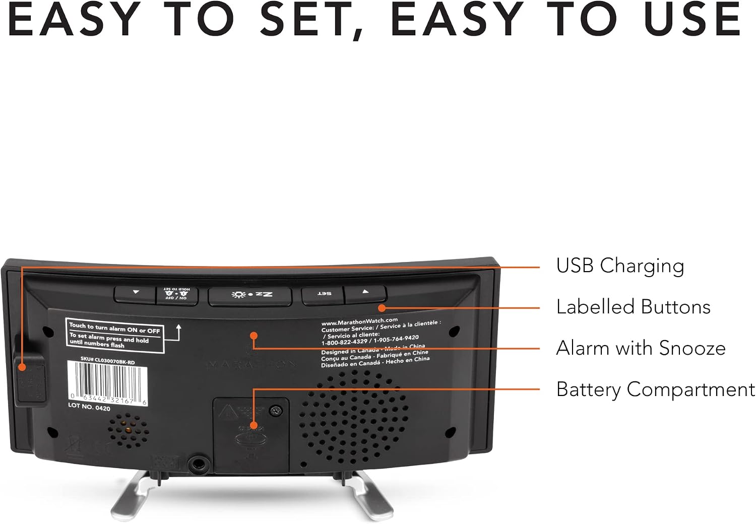 MARATHON Curved Display LED Clock with Dual Alarm and USB Charging Port